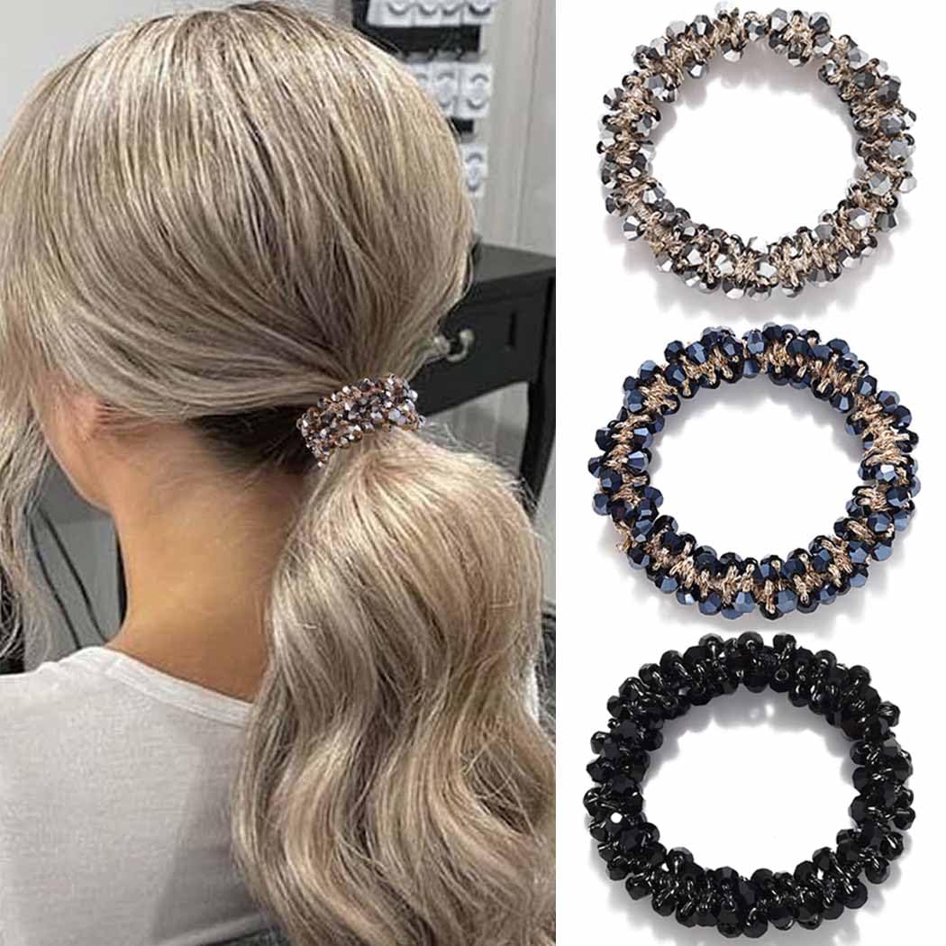 Fashey Rhinestone Hair Ties Elastic Ponytail Holder 3 Pcs Beaded Hair Scrunchies Sparkly Crystal Hair Bands Hair Accessories for Women and Girls(silverblackdark blue)