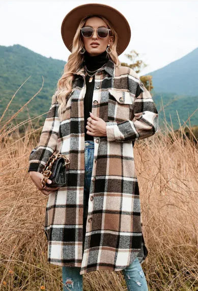 Plaid Wool Coat with Side Slits