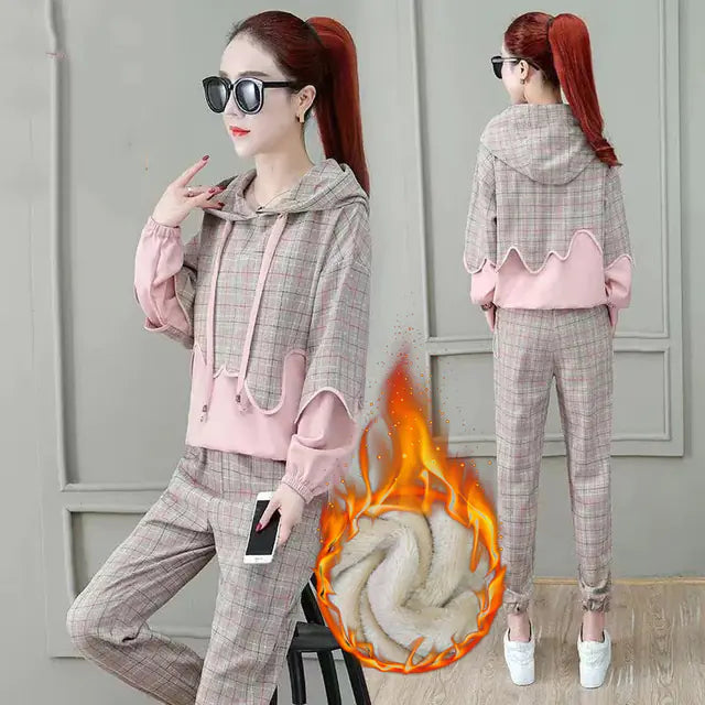 Høstrutete 2-delt plysjfôret hettegensersett