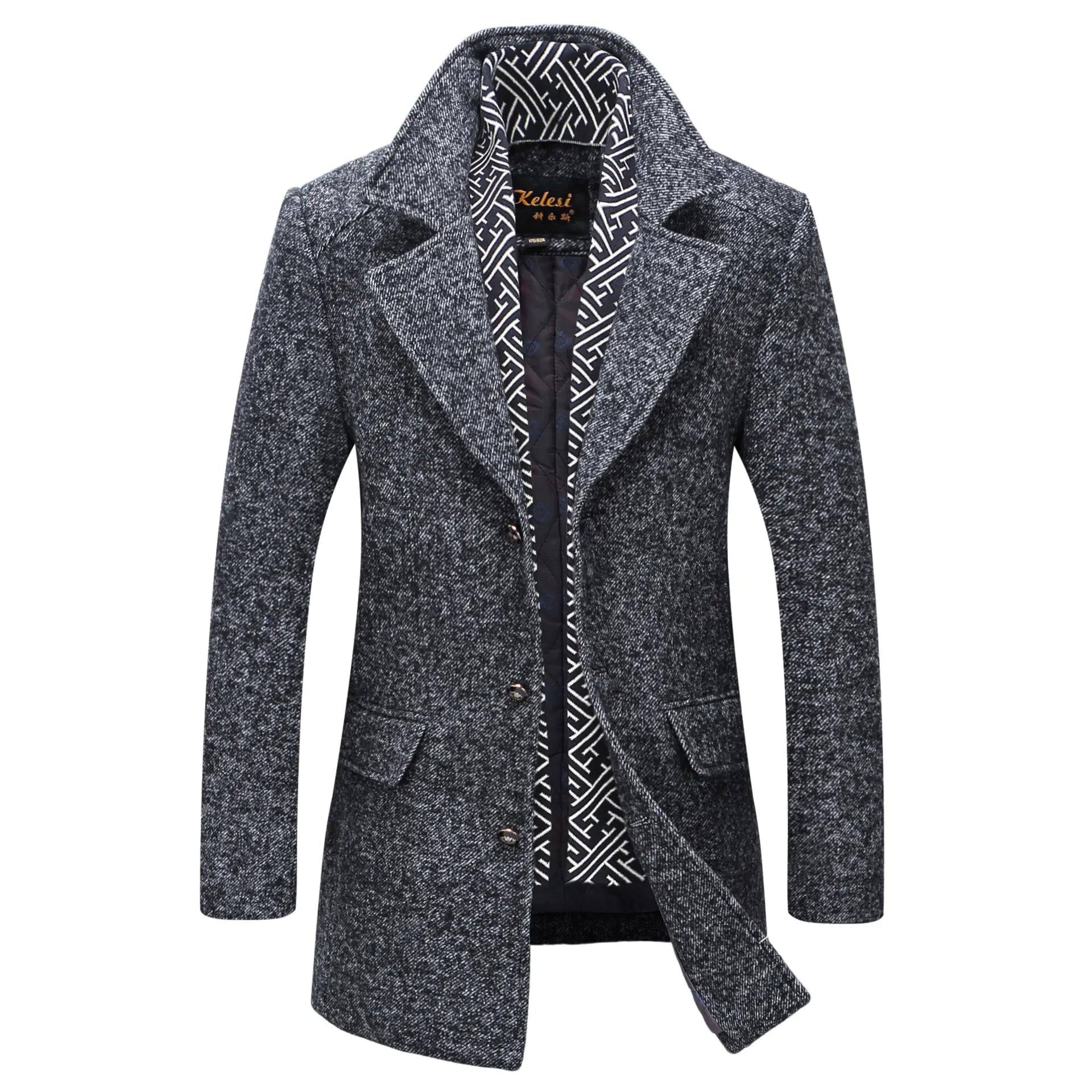 Herre mellomlang ullfrakk med avtakbart skjerf