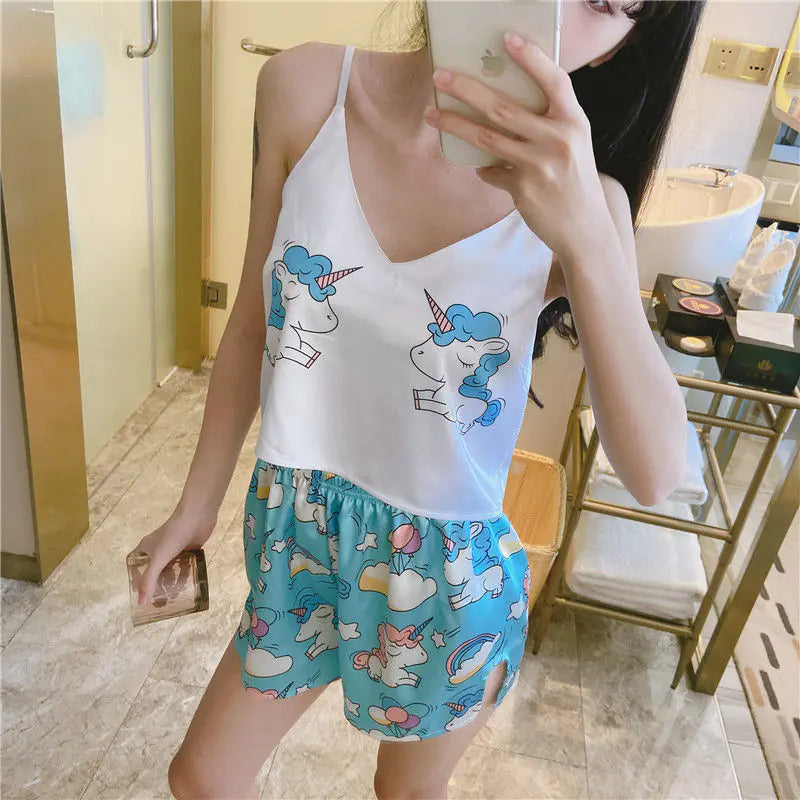 Summer Loose V-Neck Satin Pajama Set for Women