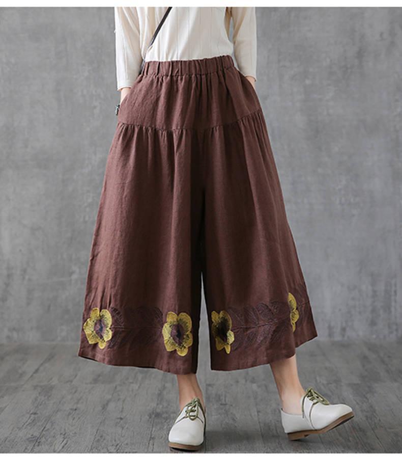 Summer Retro Hemp Embroidered Flower Pants for Women