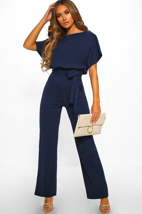 Chic Blue Oh So Glam Belted Wide Leg Jumpsuit