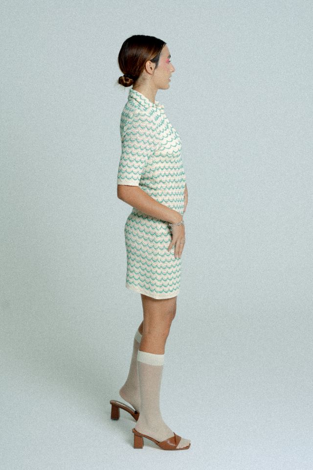 Cotton Knit Polo Tennis Dress - Green Wave Pattern