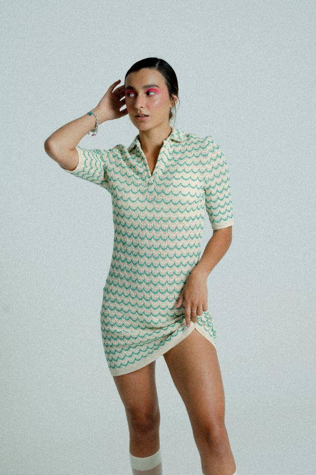 Cotton Knit Polo Tennis Dress - Green Wave Pattern