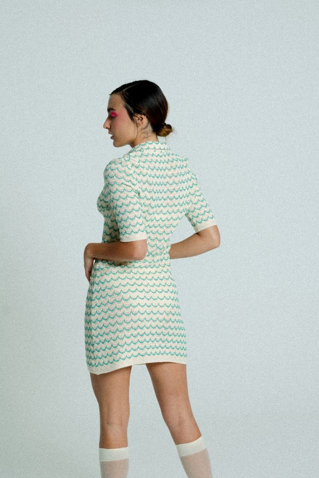 Cotton Knit Polo Tennis Dress - Green Wave Pattern
