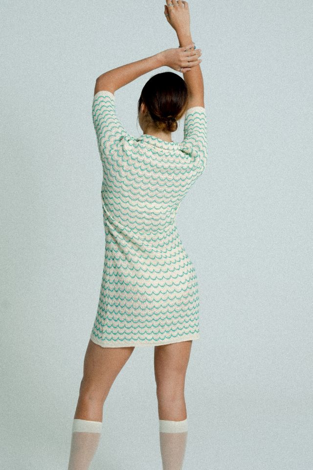 Cotton Knit Polo Tennis Dress - Green Wave Pattern