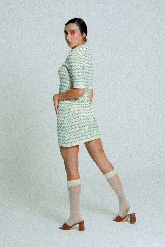Cotton Knit Polo Tennis Dress - Green Wave Pattern