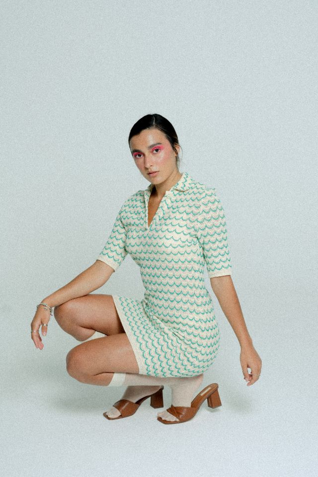 Cotton Knit Polo Tennis Dress - Green Wave Pattern