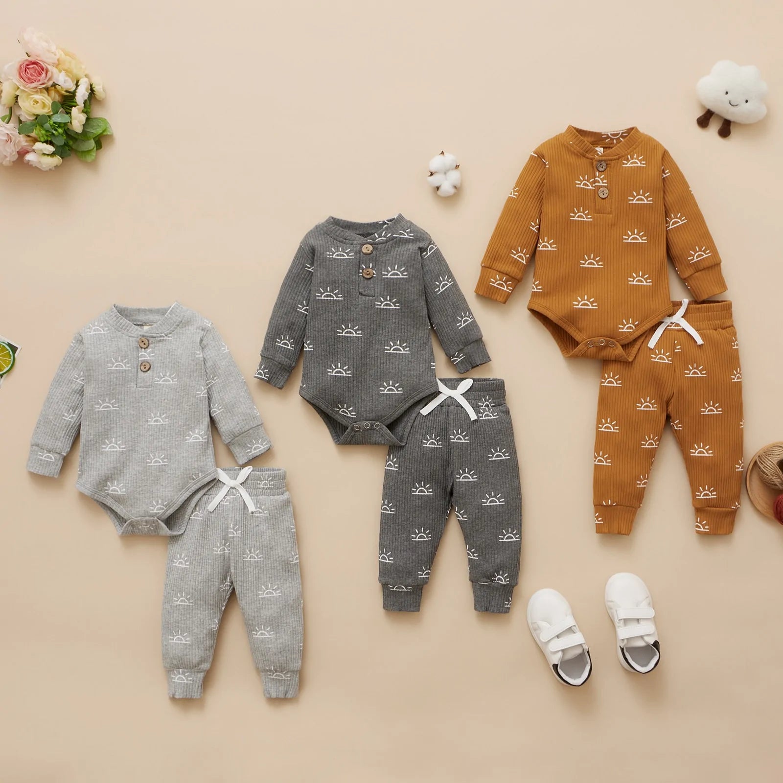 Newborn Baby Bodysuits and Elastic Pants Set