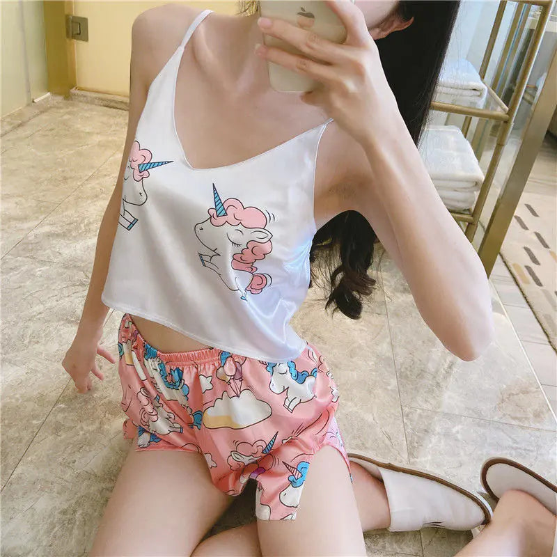 Summer Loose V-Neck Satin Pajama Set for Women