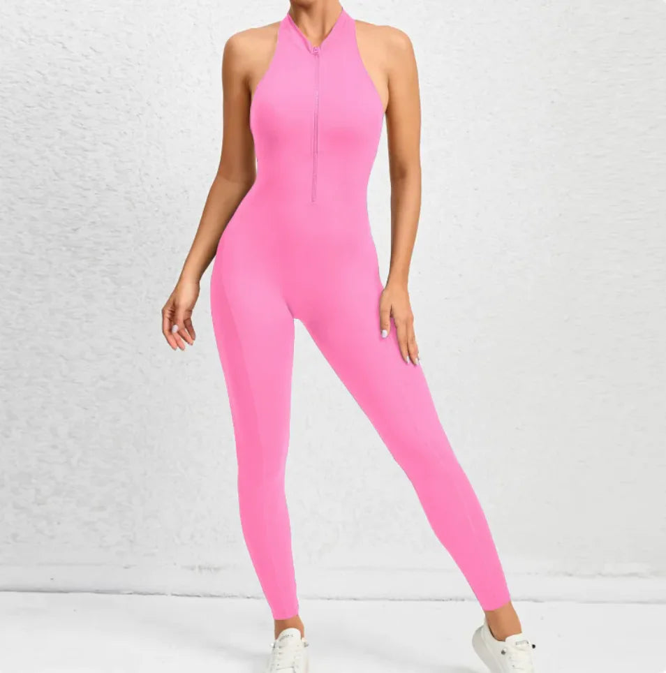 Sleeveless Zippered Yoga Jumpsuit - Tummy Control