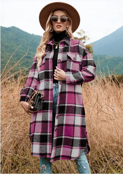 Plaid Wool Coat with Side Slits