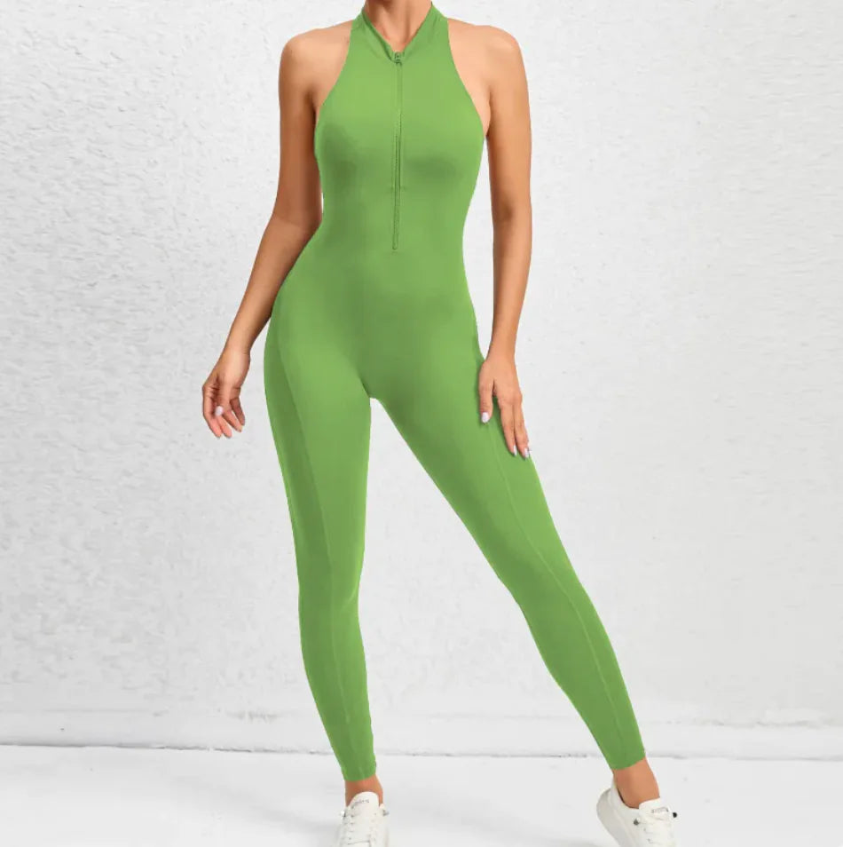 Sleeveless Zippered Yoga Jumpsuit - Tummy Control