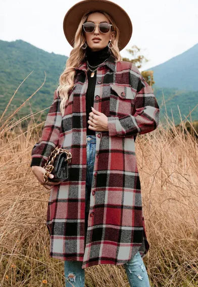 Plaid Wool Coat with Side Slits
