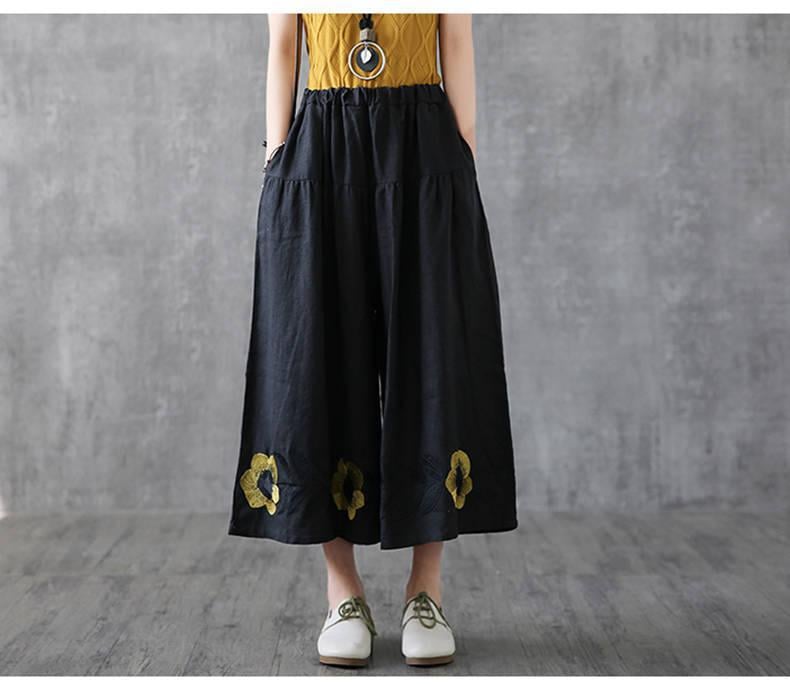 Summer Retro Hemp Embroidered Flower Pants for Women