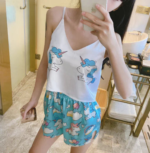 Summer Loose V-Neck Satin Pajama Set for Women