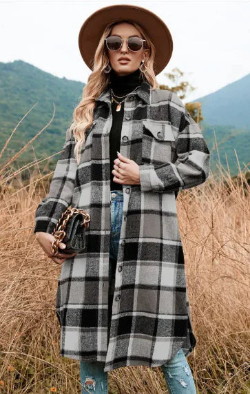 Plaid Wool Coat with Side Slits