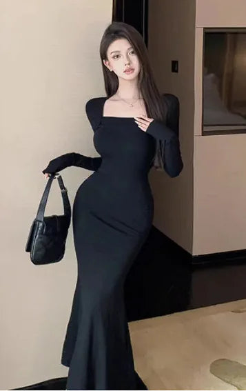 Kvinners Skinny Slimming Hip Fishtail Square Collar Dress