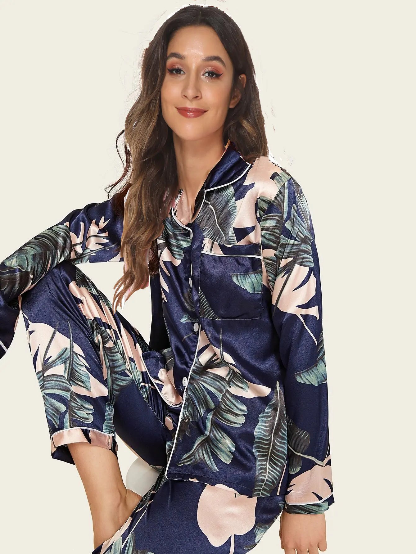 Elastic Satin Two-Piece Homewear Pajama Set for Women